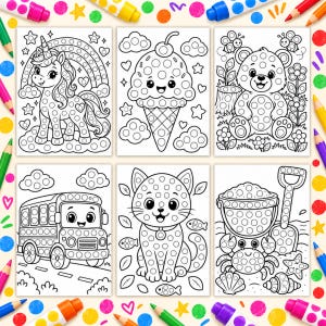May include: A set of six dot marker coloring pages featuring black and white line art of a unicorn, an ice cream cone, a bear, a school bus, a cat, and a beach scene with a bucket, shovel, crab, and seashells, all with circular guides.