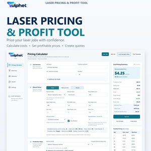 Può includere: Un'interfaccia digitale per lo strumento Tulphet Laser Pricing & Profit, dotata di una dashboard di calcolo dei prezzi con campi di input per i dettagli del lavoro, la configurazione dei materiali e i costi di produzione.