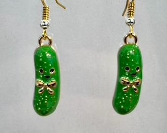 Pickle Dangle Earrings, Handmade Green Pickle Charms with Faces and Bows
