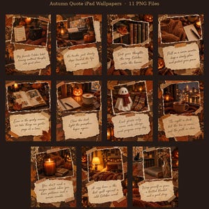 May include: A collection of 11 digital iPad wallpapers titled DUSKLIT Autumn Quote iPad Wallpapers. Each image features a collage of autumn-themed photography including pumpkins, candles, books, and jumpers, paired with handwritten-style quotes.