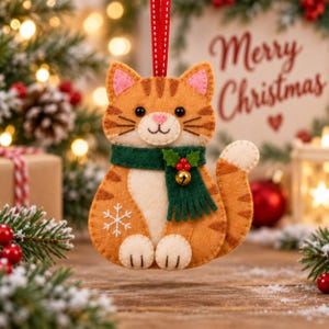 May include: A felt orange tabby cat Christmas ornament hanging from a red ribbon. The cat features a cream-colored chest, a dark green scarf with a small gold bell and holly berries, and a white embroidered snowflake on its side.