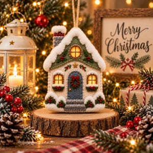 May include: A felt house ornament featuring a blue door with a wreath, green roof, and white snow accents. The house has two lit windows, a circular attic window, and a chimney. It hangs from a jute string and is decorated with red berries.