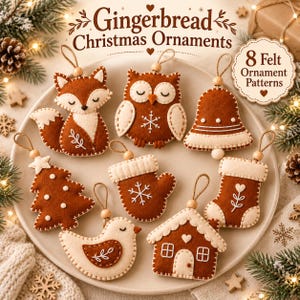 May include: Eight felt Christmas ornaments in brown and cream colors, shaped like a fox, owl, bell, tree, mitten, stocking, bird, and house. Each ornament features white stitched details and a hanging loop with a wooden bead.