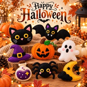 May include: A collection of felt Halloween ornaments including a black cat, a bat, a jack-o'-lantern, a purple witch hat, a white ghost, a potion bottle, a black spider, and a yellow crescent moon with stars, all featuring stitched details.