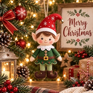May include: A felt elf ornament featuring a red hat with white snowflake embroidery and a small gold bell, a green tunic with brown buttons and a yellow belt, and brown curled shoes. The elf has pointed ears, rosy cheeks, and a white collar.
