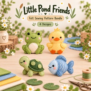 Felt Animal Ornament Sewing Pattern Bundle Felt Frog Duckling Turtle Fish Printable Templates DIY Holiday Craft Handmade Plush Toy