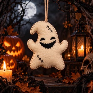 May include: A cream-colored felt ghost ornament hanging from a jute string. The ghost features black stitched eyes and a wide, grinning mouth, with decorative black cross-stitch details on its head and lower body, finished with a blanket stitch edge.