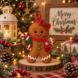 May include: A brown felt gingerbread person ornament featuring a red bow with green leaves, a red scarf with white snowflake embroidery, two green buttons, and white icing details. The figure holds a red and white striped candy cane.