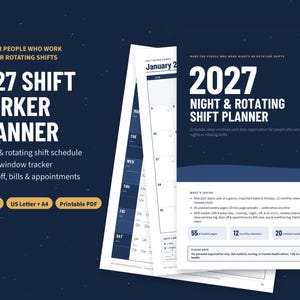 Puede incluir: Una agenda 2027 para turnos nocturnos y rotativos con cubierta azul oscuro que muestra un icono de luna creciente y sol. Incluye secciones para horarios de turnos, seguimiento de sueño y organización diaria en formato PDF imprimible.