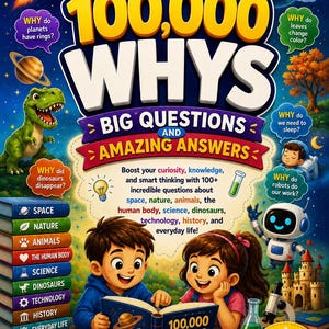以下が含まれることがあります： 100,000 WHYS: BIG QUESTIONS AND AMAZING ANSWERSというタイトルのブックカバー。本を読む少年と少女が描かれています。ロケット、惑星、恐竜、ロボット、城、顕微鏡のイラストと、科学や自然に関するテキストが含まれています。