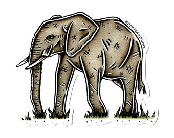 May include: A hand-drawn illustration of an elephant with a textured, brown, and gray patterned body. The elephant is standing on a patch of green grass. The illustration is signed "@JlynnTaylorCritters".