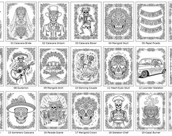 Målarbok med de dödas dag för vuxna, 20 utskrivbara sidor med sockerskallemotiv, Dia de los Muertos-konst, direktnedladdning i PDF-format