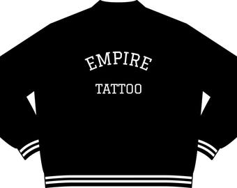 Kopia av Varsity Letterman-jacka - Staggered ETF Front - EMPIRE TATTOO Back - Svart på svart