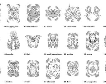Tattoo Flash Coloring Book for Adults, 20 Printable Classic Tattoo Pages, Dagger Rose Skull, Instant Download PDF