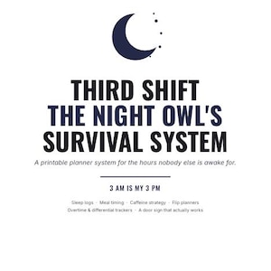 May include: A white document titled Third Shift The Night Owl's Survival System with a dark blue crescent moon icon. Text includes A planner system for night-shift workers, 3 AM is my 3 PM, and a list of features like sleep logs and meal timing.
