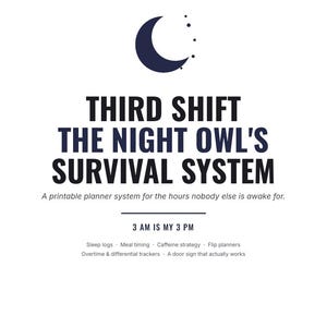 May include: A printable planner system titled Third Shift The Night Owl's Survival System with a dark blue crescent moon icon. Text includes A planner system for night-shift workers, 3 AM is my 3 PM, and lists sleep logs, meal timing, and trackers.
