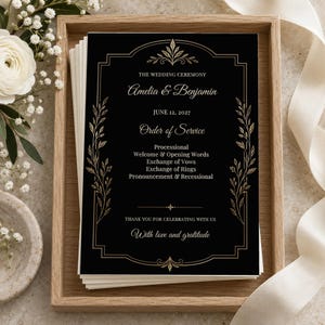 Plantilla de programa de boda, negro de lujo, negro y dorado, programa de ceremonia editable en Canva, imprimible de 5x7 pulgadas.