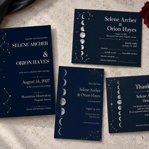 Conjunto de papelería nupcial gótica celestial, 9 plantillas editables a juego en Canva, invitaciones y carteles de boda.