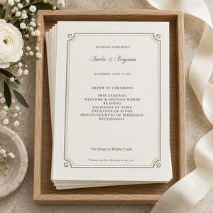 Vorlage für ein Hochzeitsprogramm, elegante Schriftart, Elfenbeingold, bearbeitbares Canva-Zeremonienprogramm, 5x7-Druckvorlage
