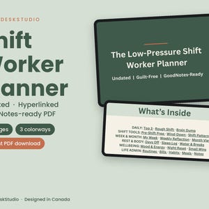 May include: A digital Shift Worker Planner by MapleDeskStudio featuring 23 pages in 3 colorways. The planner is undated, hyperlinked, and GoodNotes-ready. The cover displays the title and the inner page lists sections for daily, shift tools, week, month, rest, body, wellbeing, and life admin.