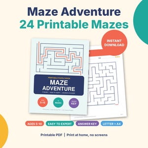 Livre de labyrinthes à imprimer pour enfants, 24 labyrinthes de difficulté variable, de facile à expert, 5-10 ans, pages d'activités de résolution de problèmes, PDF pour l'école à la maison, activités pour les voyages.