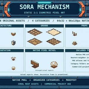 Pode incluir: Um pacote de ativos digitais intitulado SORA MECHANISM apresentando 16 elementos de pixel art isométricos categorizados em arquitetura, solo, adereços e vegetação. A exibição inclui detalhes de pixels nativos, arquivos PNG e um manifesto.