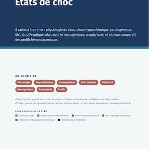 May include: A digital educational document titled États de choc, part of the Série Anatomie & Physiologie. It lists 8 printable cards covering shock physiology, hypovolemic, cardiogenic, distributive, septic, obstructive, and neurogenic shock.