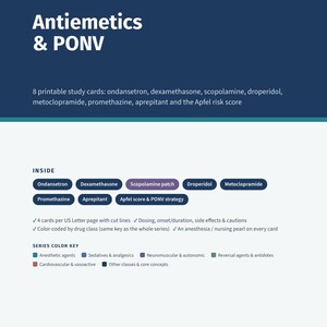 May include: A digital study guide titled Antiemetics & PONV from the Pharmacology Series 08/15. It lists 8 printable study cards including ondansetron, dexamethasone, scopolamine, droperidol, metoclopramide, promethazine, aprepitant, and Apfel risk score.