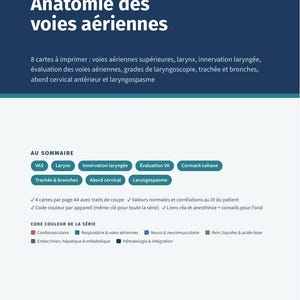 May include: A dark blue educational document titled Anatomie des voies aériennes, part of the QTWOTURNSTOCRNA series. It lists eight printable cards covering airway anatomy, including the larynx, trachea, bronchi, and laryngospasm, with a colour-coded system for medical study.