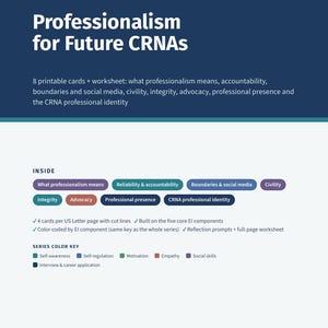 以下が含まれることがあります： Emotional Intelligenceシリーズの「Professionalism for Future CRNAs」と題されたデジタル文書。説明責任、境界線、礼儀、誠実さ、擁護、専門的アイデンティティをカバーする8枚の印刷可能なカードとワークシートが含まれています。