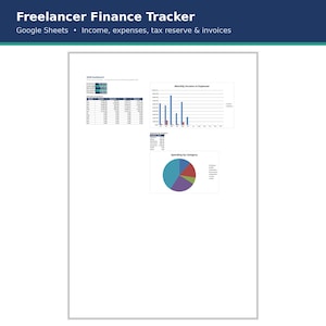 May include: A digital Freelancer Finance Tracker for Google Sheets featuring a 2026 dashboard, monthly income and expense tables, a bar chart comparing monthly income versus expenses, and a pie chart illustrating spending by category.