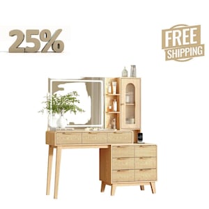 May include: A light wood vanity table featuring a rectangular mirror with integrated LED lighting, three top drawers, and a side cabinet with a fluted glass door. The unit includes an attached side section with three additional drawers and open shelving.