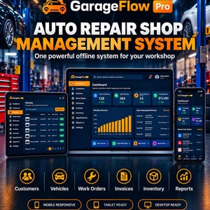 Può includere: Un display digitale che mostra il sistema di gestione dell'officina di riparazione auto GarageFlow Pro su un portatile, un tablet e uno smartphone. L'interfaccia scura con accenti arancioni mostra dashboard e metriche aziendali.