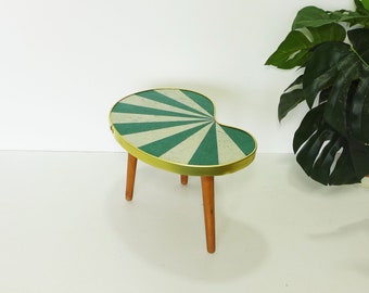 Mid-Century Plant Stand - Green Gray Striped Flower Stool - Kidney Side Table - Vintage Sunray Flower Bench 1950s 1960s - Tripod - Retro