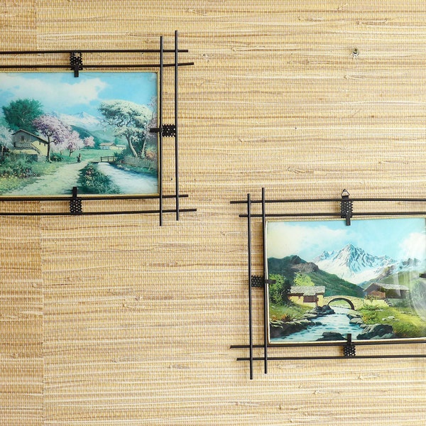 Set of 2 - Vintage Wall Art - Alpine Scenery  - Bavarian Alps Pictures - Decor Mid Century - Atomic Metal Frame - 1950s 1960s - Kitsch