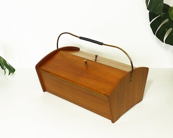 Vintage Wooden Sewing Box Basket - Sewing Cabinet - Wood Knitting Box - Utensilo - Jewelry Box Mid Century 1950s 1960s Brass Rockabilly Teak
