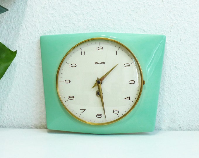 Lovely Vintage Kitchen Clock SUSI Wall Clock Mint Green Ceramic Mid