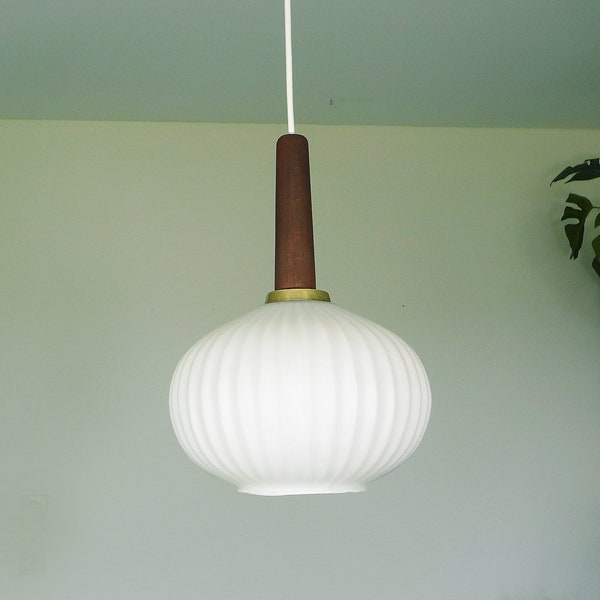 Classic 1960s Pendant Lamp - Vintage Hanging Light - Danish Design Teak - Mid-Century Atomic - Massive Belgium Lighting Opal Glass Ball Lamp