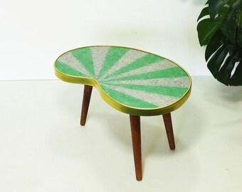 Mid-Century Plant Stand - Light Green Gray Striped Flower Stool - Kidney Side Table - Vintage Sunray Flower Bench 1950s 1960s - Tripod