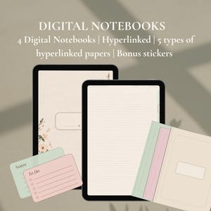 May include: Digital notebooks displayed on two tablet screens with hyperlinked pages and five paper types. Includes bonus stickers with Notes and To Do labels. Text reads: DIGITAL NOTEBOOKS 4 Digital Notebooks | Hyperlinked | 5 types of hyperlinked papers | Bonus stickers.