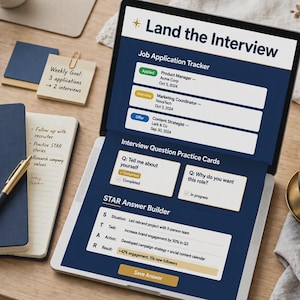 Może przedstawiać: Ekran laptopa wyświetlający narzędzie do śledzenia aplikacji o pracę Land the Interview, karty do ćwiczeń przed rozmową kwalifikacyjną oraz generator odpowiedzi STAR. Ekran zawiera tekst dotyczący ról menedżerskich i koordynacyjnych.