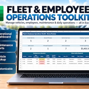 Excel-Vorlage für Flottenmanagement-Toolkit | Fahrzeugwartung, Mitarbeiter-, Geräte- und Kraftstoff-Tracker