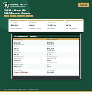 BRRRR and House Flip Calculator Canada, Real Estate Investment ROI Spreadsheet, Rehab Budget, Deal Analyzer, Excel and Google Sheets