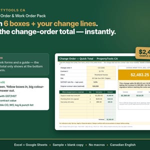 May include: A digital Change Order and Work Order pack by PropertyTools CA. The graphic displays a spreadsheet interface with yellow input boxes, a calculated total of $2,483.25, and text explaining the transition from four blank forms to one screen.