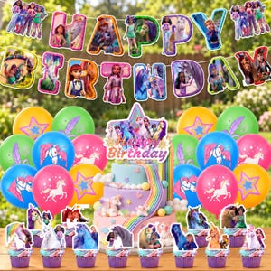 May include: A birthday party decoration set featuring unicorn and character imagery. Includes a Happy Birthday banner, a multi-tiered cake topper with a star, colourful balloons with unicorn prints, and individual cupcake toppers with characters.