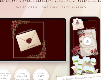 May include: A digital graduation website invitation displayed on a laptop and smartphone screen. The design features a deep red background, cream-coloured envelopes with wax seals, red roses, and text including Custom Graduation Website Invitation.