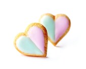 Heart Cookies Stud Earrings - Mint, Pink -  Earrings Post - Food Jewelry