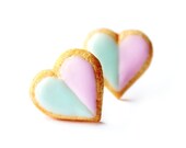 Heart Cookies Stud Earrings - Mint, Pink -  Earrings Post - Food Jewelry