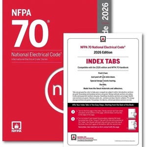 May include: The NFPA 70 National Electrical Code 2026 Edition book cover is bright red with white text. A white instruction sheet for index tabs is placed in front, featuring black text, the NFPA logo, and diagrams for applying adhesive tabs.