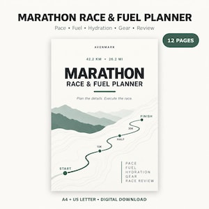 Könnte beinhalten: Ein 12-seitiger Marathon-Renn- und Verpflegungsplaner auf weißem Hintergrund mit dunkelgrünem Text und einer Berggrafik. Das Layout zeigt einen gewundenen Pfad mit Start-, 10K-, Half-, 30K- und Finish-Punkten sowie Abschnitte für Tempo, Verpflegung, Hydratation, Ausrüstung und Rennüberprüfung.